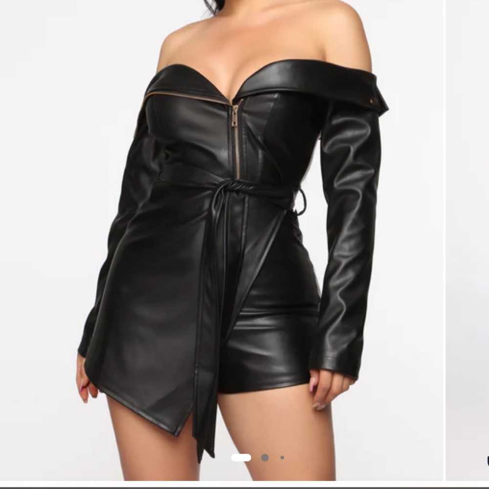 Fashion Nova Black Faux Leather Off-Shoulder Romper